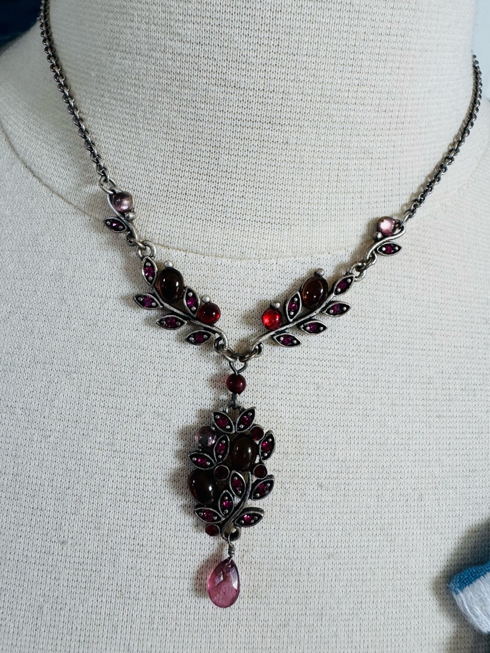 Silver-Tone Pink & Red Crystal Leaf Necklace